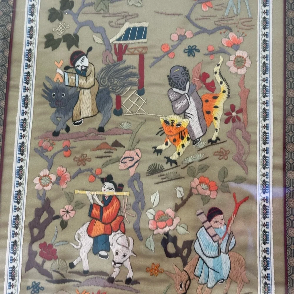 Chinese hand embroidered silk Art Piece Framed. The Actual Piece 27 X 13”